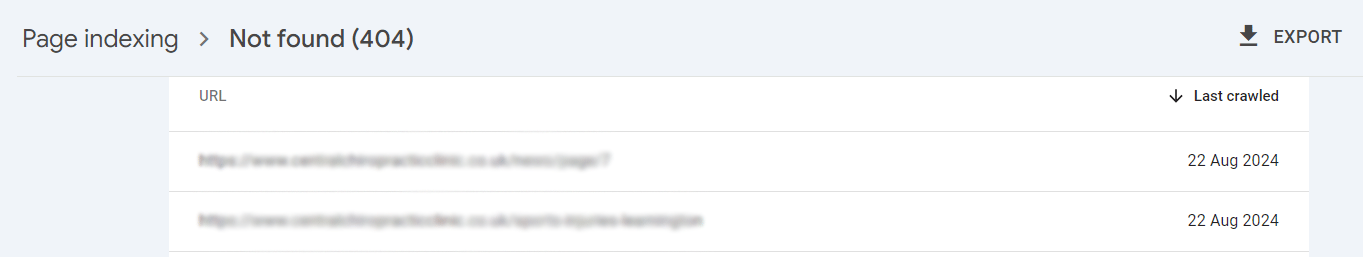 Screenshot of the 404 Not Found Indexing Report from Google Search Console