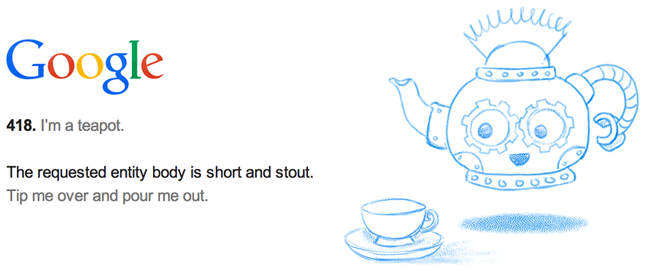 Screenshot of the Google 418 I'm a Teapot Status Code