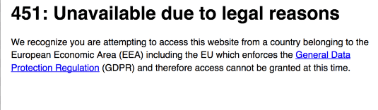 Screenshot of a 451 error message for visitor from EU attempting to access GDPR non-compliant content