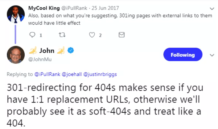 John Mueller responding on Twitter to a user's question on 301 redirecting URLs with incoming links